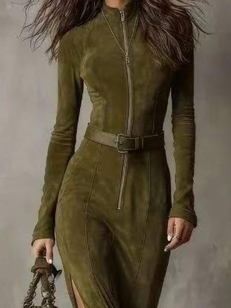 Women'S Elegant Full-Zip Collared Dress - European & American Style Fall Winter Warmth, Round Neck Long Sleeve Full-Length Zipper Front, Solid Brown/Navy, Tailored Fit For Casual To Formal Events, Office & Party Outfits - Versatile All-Season,Ideal Gifts For Halloween And Christmas - 軍綠色 - 查看 1