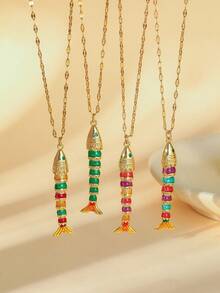 1 件不锈钢 18K 镀金摇摆鱼吊坠项链，独特鱼骨吊坠项链，适合女性，海滩度假 - 金色 - 查看 9