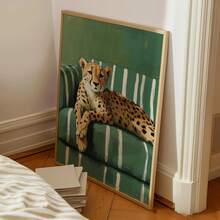 1 buc. Poster de artă murală înrămat pe pânză, poster cu leopard pe canapea, artă contemporană modernă verde smarald, decor de casă cu plante, artă murală cu ghepard, artă murală imprimabilă cu ghepard, decor de casă la modă pentru sufragerie, estetică decor dormitor - Multicolor - Vizualizare 6