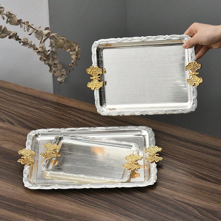 Khay kim loại bạc, Đĩa đựng đồ ăn hình chữ nhật có tay cầm hình bướm phong cách cổ điển, Đồ trang trí tiệc và đĩa đựng, Bộ đồ ăn cho lễ cầu nguyện, Khay đựng mỹ phẩm và trang sức, Có 3 kích cỡ - Bạc - Xem 1