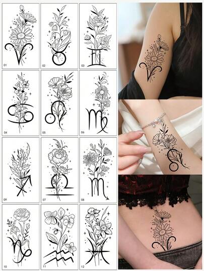 （12张/套）12款十二生肖创意黑白花卉临时纹身贴纸，包含各种植物和花卉图案，防水持久3-7天，男女皆宜，可贴于手臂、脚踝、腹部、锁骨、胸部等部位。