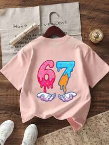 Girls' Creative "67" Ice Cream Cartoon Print T-Shirt, Fashionable Summer Top For Young Girls - Pink - View 4