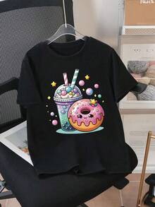 2pcs/Set Teen Girls Casual Outfit, Black Short Sleeve Cartoon Donut & Drink Print Top + Pink & White Trim Shorts, Comfortable Loose Sweet Girls Daily Wear Set - Multicolor - View 3