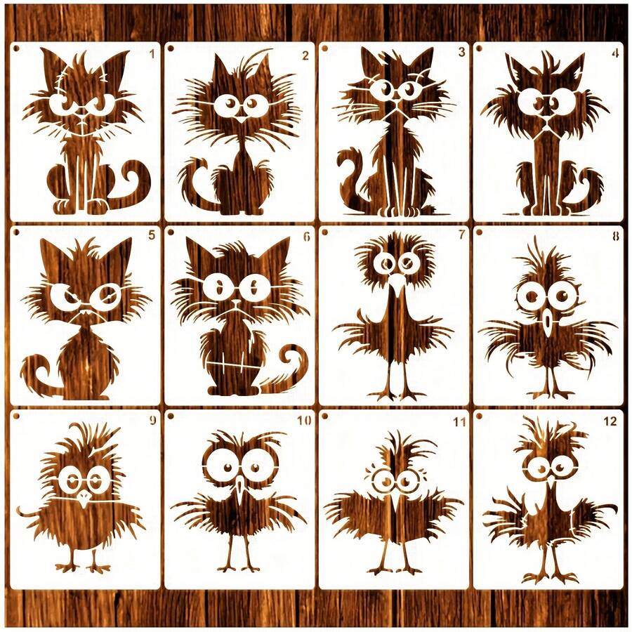 12 pezzi Modelli riutilizzabili per dipinti di uccelli e gatti cartoni animati, adatti per artigianato e pittura, motivi adatti per scrapbooking fai-da-te, loghi, magliette, tele, pareti, mobili, pavimenti - Multicolore - Visualizzare 1