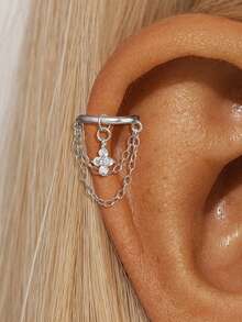 EleRunis 1PC 925 Sterling Silver Flower Chain Earrings Nose Cartilage Helix Piercing Fine Jewelry For Daily Wear Wedding Party Engagement Anniversary Valentine's Day - Silver - View 4