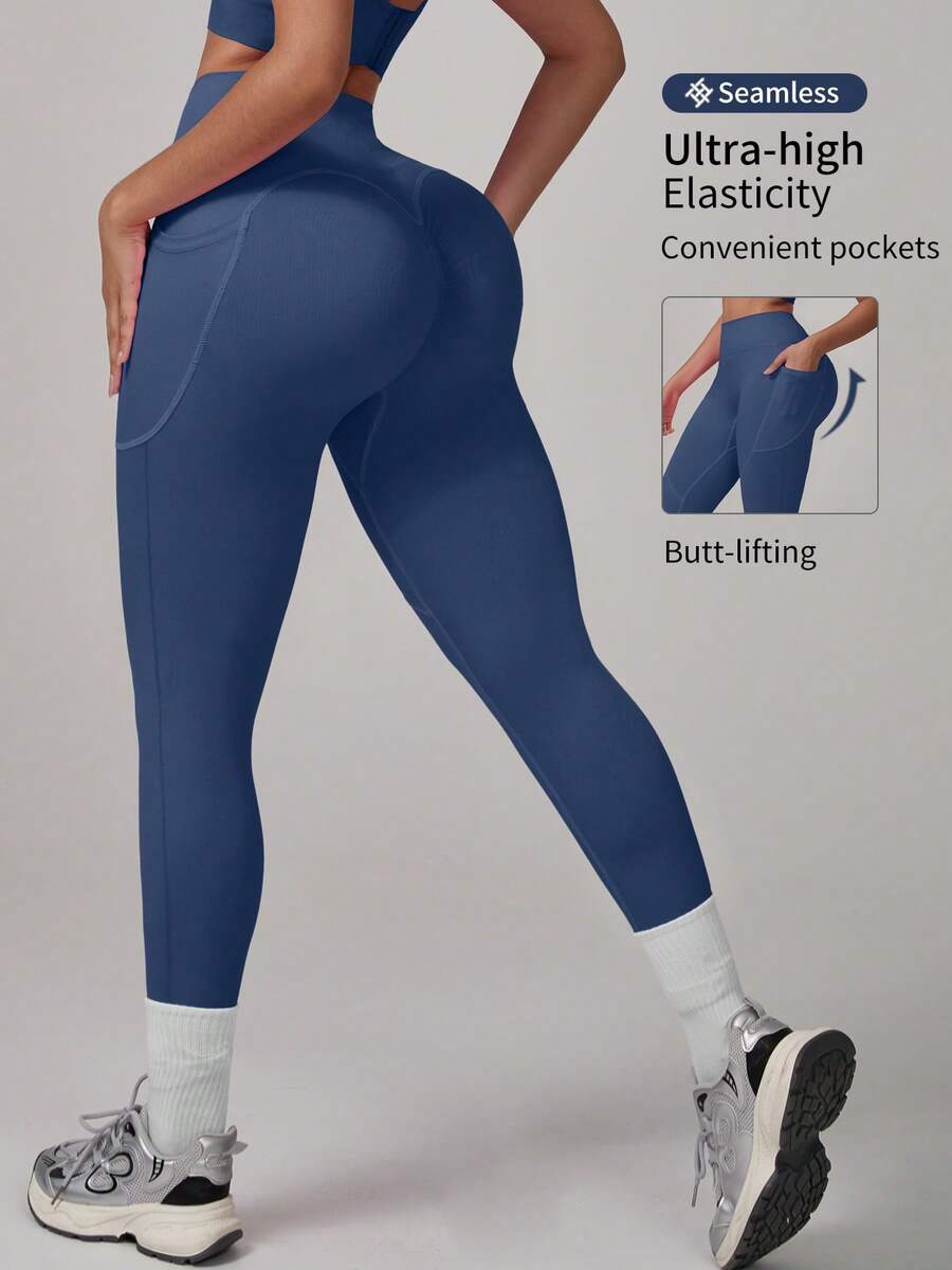 Seamless High Elastic Hip Lift Abdominal High-Waist Sports Leggings For Women, Women Both Sides Of The Pocket Design Leggings,Comfortable Breathable Leggings Suitable For Yoga Fitness Running, Multi-Color Optional (Black/Blue/Gray/Hot Pink/Brown) - 藍色 - 查看 1