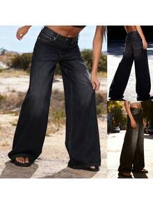 Womens Baggy Jeans Low Rise Wide Leg Denim Pants With Pockets Casual Long Trousers For Daily Office - Màu xám đen - Xem 4