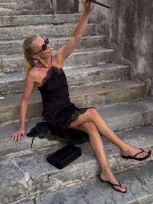 Camellia New Women's Fashion European And American Style Sexy Lace Trim Satin Blend Dress - Black - View 5