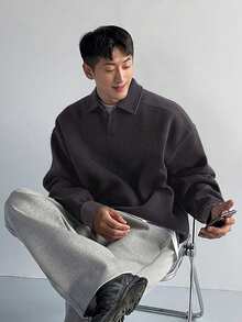 男士纯色 Polo 领绒面革宽松休闲长袖运动衫 - 时尚百搭秋冬风格 - 灰色 - 查看 5