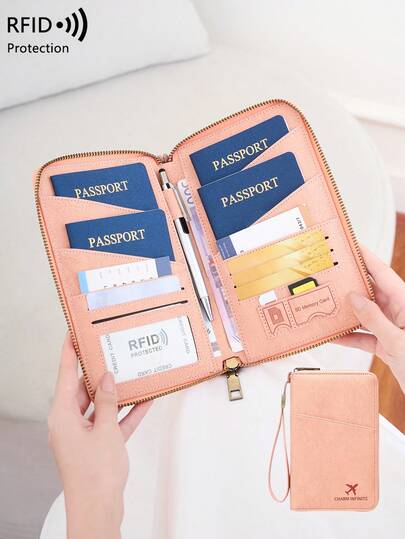  CHARM INFINITE New RFID Blocking Passport Bag, Can Put Multiple Passports, Travel Ticket Card Document Storage Bag, Skin-Feel Material Zipper Long Passport Wallet, Detachable Wrist Strap, Valentine's Day Gift, Send Wife To Girlfriend Travel Essential For Holiday Vacation Passport Cover Passport Holder For Women For Family