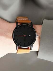 男士休闲腕表，大表盘，欧美风格，带日历功能，时尚商务，哑光皮表带，石英机芯 - 黑色 - 查看 2