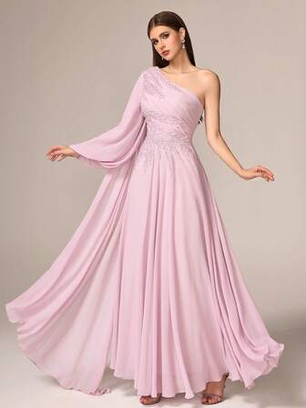 VIPGIRL Robe de soirée longue en mousseline de soie lavande clair élégante et luxueuse pour femme - Asymétrique avec une seule épaule, manches longues fluides, corsage avec broderie de sequins contrastés et ourlet évasé en forme de A | Parfaite pour les dîners de gala, les tenues d'invités de mariage, les soirées de bal, les cocktails du soir, les tapis rouges et les célébrations d'anniversaire