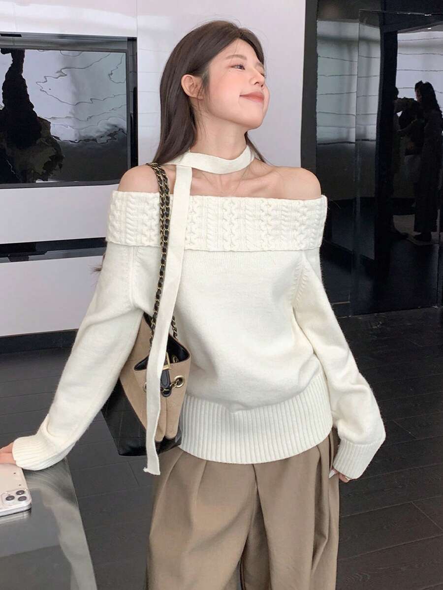 女士灰色露肩毛衣,修身剪裁,精致针织上衣,质感优质,秋冬 - 白色 - 查看 1