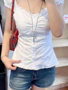 Women's Button Down Lace Top V Neck Ruffled Sexy Low Cut Babydoll Top Cute Slim Fit Casual Work Blouse - 白色 - 查看 2