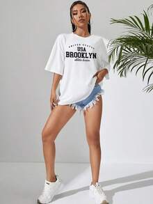 Camiseta Holgada Con Hombros Caídos Con Gráficos De Letras - Negro - Ver 3