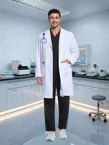 男士长袖V领多口袋手术服外套，护士制服，牙医、医疗保健、宠物医院、实验室工作服 - 白色 - 查看 10