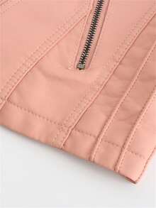 新款春秋季女士皮夹克，短款修身薄款仿皮机车夹克 粉色 - 粉色 - 查看 11