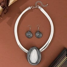 夸张多层手工编织重铝丝蜡线波西米亚欧美中东韩风晚宴假日女士蜡线树脂几何项链耳环 - 白色 - 查看 11