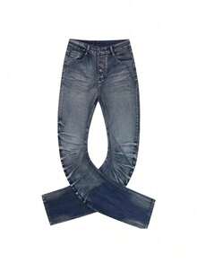 Retro Vintage Ripple Washed Men's Flared Jeans, Stacked Stretch Bootcut Fit - 深色水洗藍 - 查看 4
