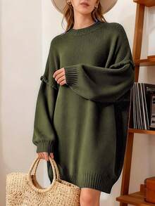 1pc Loose Solid Ribbed Knit Pullover Sweater Dress, Casual Everyday Wear, Autumn/Winter - Olive Green - View 2