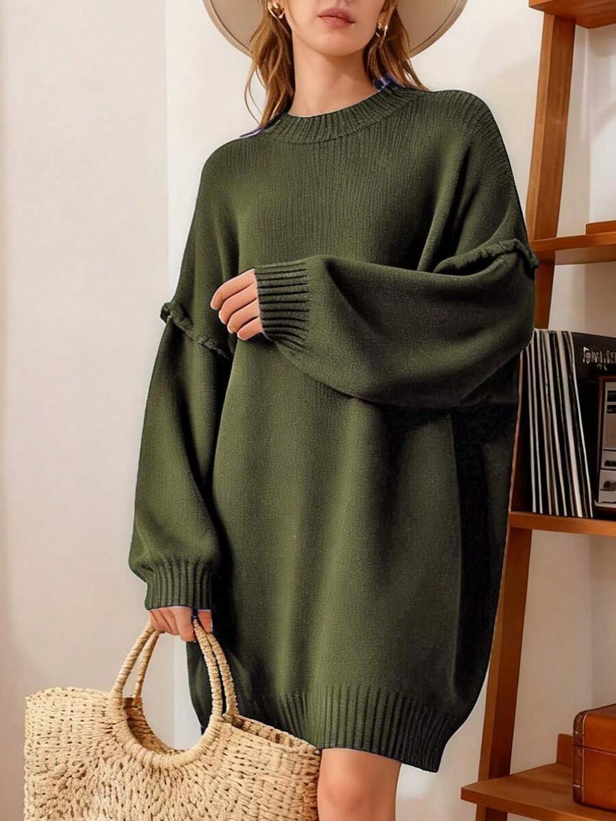 1pc Loose Solid Ribbed Knit Pullover Sweater Dress, Casual Everyday Wear, Autumn/Winter