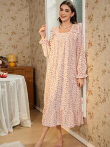 RS Pajama1 方領蝴蝶結長袖對比蕾絲浪漫花卉印花睡袍 (女款) - 西瓜粉 - 查看 3