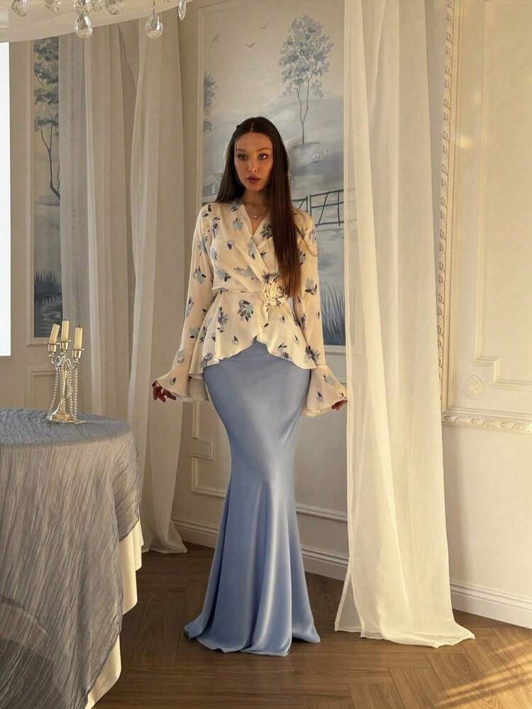 2 pièces Tenue de soirée élégante pour femme - Ensemble blouse imprimée et jupe sirène en satin bleu clair pour les vacances au printemps - Bleu ciel - Voir 5