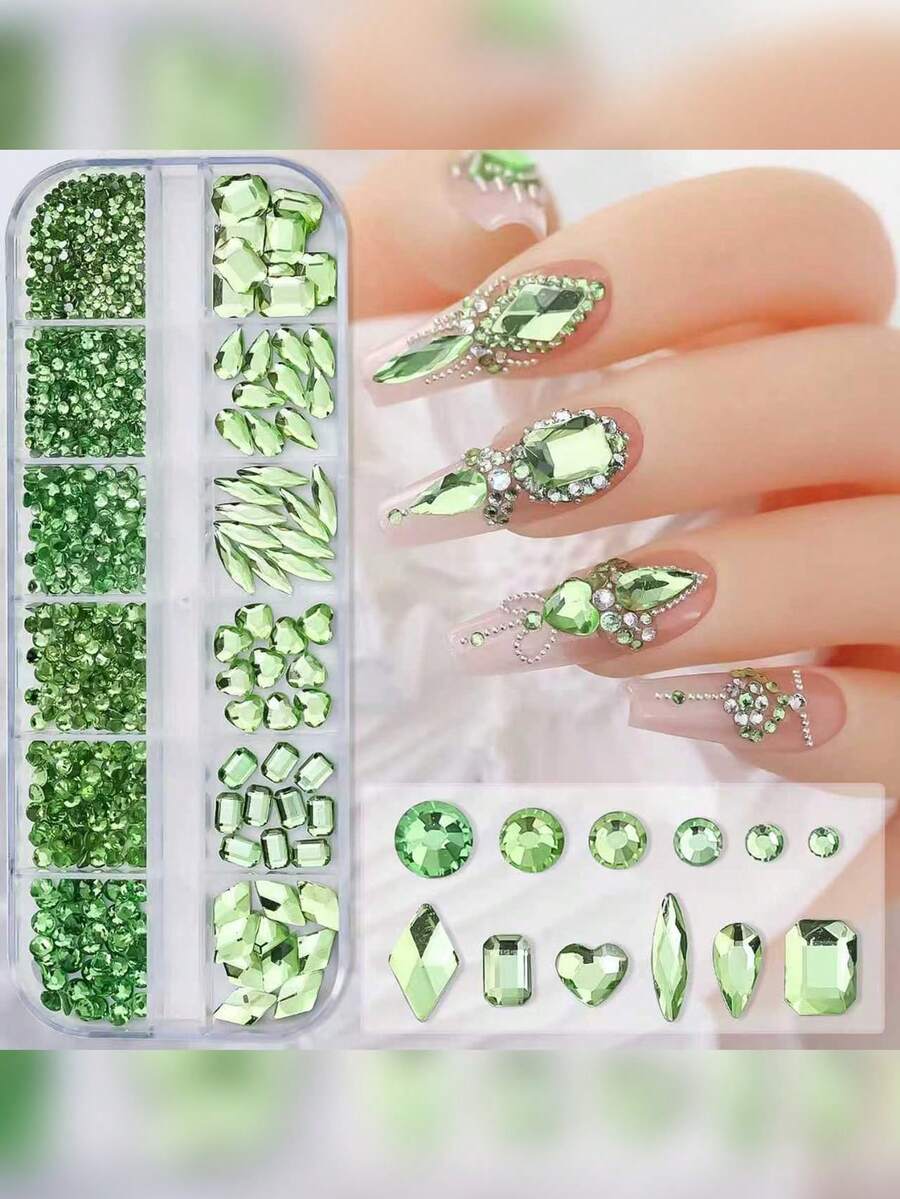 1101 hạt đá trang trí móng tay pha lê nguyên chất - Kim cương và đá quý màu xanh lá cây chanh sáng bóng, nhiều kích cỡ và hình dạng, phụ kiện trang trí móng tay DIY - Cỏ xanh - Xem 1
