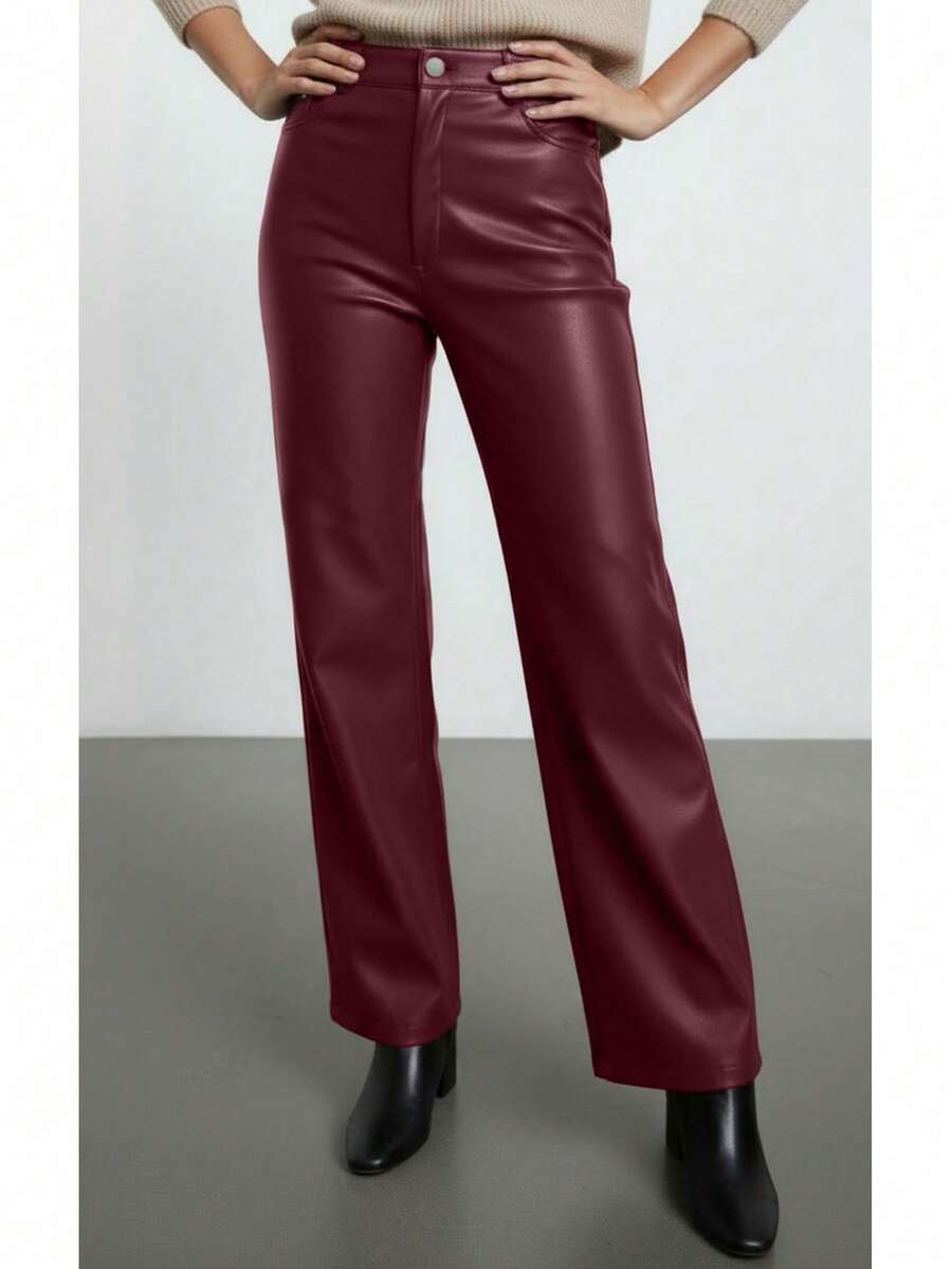 High Waist PU Leather Pants - Burgundy - View 1