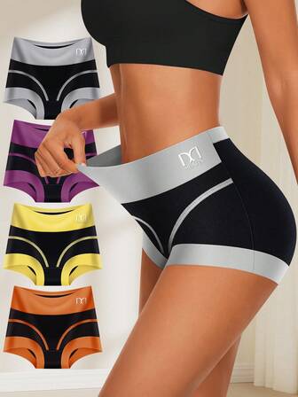 4 Stück Damen Hohe Taille Kontrast Farbdesign Bequeme atmungsaktive weiche Stretch Höschen