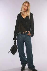 Women Sheer Loose Top Y2k V Neck Solid Color Poncho Tops Fairy Grunge Bat Sleeve Mesh Oversized Poncho Blouses - màu đen - Xem 5