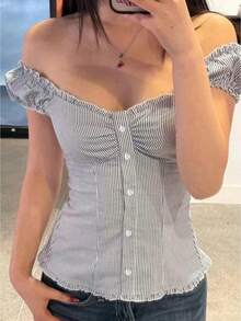 Women's Cute Plaid Blouse Off Shoulder Slim Fit Tank Top Y2K Frill Trim Crop Tops Cute Button T-Shirt Teen Girls Vintage Preppy Shirts Fashion Cap Sleeve Camisole Casual Going Out Tops Aesthetic Streetwear Fairy Grunge Clothes - Màu xanh lam - Xem 1