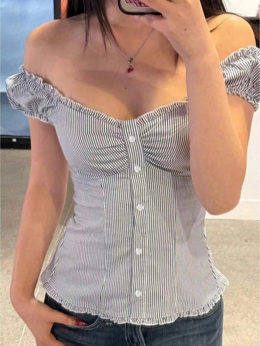 Women's Cute Plaid Blouse Off Shoulder Slim Fit Tank Top Y2K Frill Trim Crop Tops Cute Button T-Shirt Teen Girls Vintage Preppy Shirts Fashion Cap Sleeve Camisole Casual Going Out Tops Aesthetic Streetwear Fairy Grunge Clothes - Màu xanh lam - Xem 1