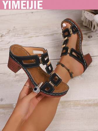 New Fashion Women's High Heel Sandals, Geometric Pattern, Solid Color, Beach Party Holiday Vintage Style, PU Leather, Hollow-Out, Metal Decor, Outdoor Summer