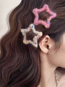 2pcs/6pcs Y2K Star Hair Clips, Colorful Fuzzy Wool Knitted Five-Pointed Star Hair Clips For Women & Girls, Cute Side Bangs Clips, Multi-Functional Hair Accessories, Winter, Claw Clips, Hair Slide, Hair Barrettes, Head Accessories - Multicolor - View 8