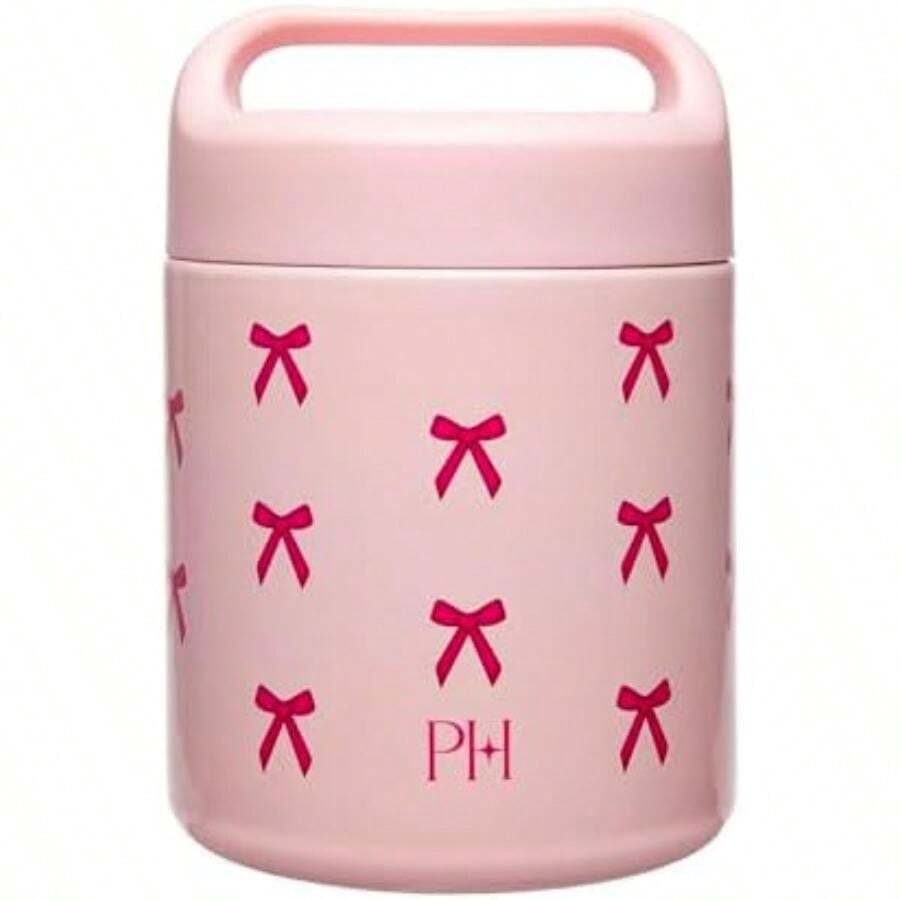 Paris - Tarro de acero inoxidable, doble pared sellado aspiradora, recipiente de almacenamiento de alimentos con tapa de asa de transporte, 12 onzas, color rosa con diseño de lazo(Rosa (Pink Bows) 12 0z) - Multicolor - Ver 1