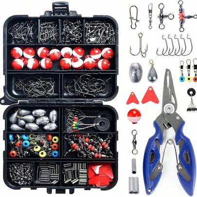 1/187/264/265 piezas Juego de aparejos de pesca definitivo - Kit completo portátil con anzuelos de cebo, giratorios, pesas y varios accesorios para equipos de pesca, el regalo perfecto de Navidad para la pesca de invierno y nocturna