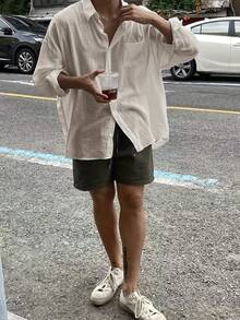 Men's Casual Loose Fit Long Sleeve Solid Color Button-Up Linen Shirt - Light Grey - View 5
