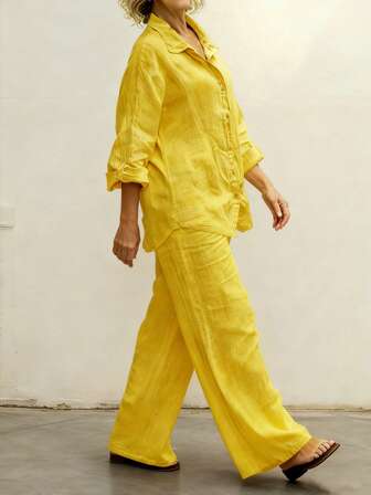 Conjunto de 2 piezas informal que incluye un cárdigan abierto a juego y una blusa de cuello polo de unicolor elegante, versátil para vacaciones, trabajo, compras, de tela cómoda y suave, con pantalones de pierna ancha con cordón ajustable en la cintura, apropiado para primavera, verano y otoño