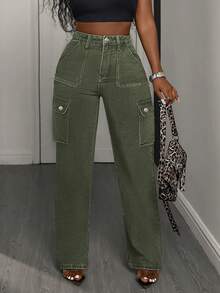 Doing Old Washed Deconstructed Torn Wide-Leg Street Style Boyfriend Style Straight Splicing Sense Of Destruction Straight Wide-Leg Pants - Army Green - View 4