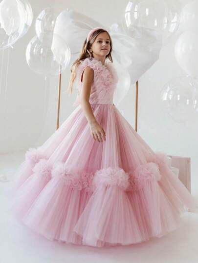 Tween Girl Elegant V-Back Bow Tulle Princess Dress, Suitable For Teenage Girls Birthday Party, Prom, Masquerade Ball, Flower Girl, Bridesmaid, Wedding, Important Occasions And Festivals