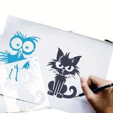 12 pezzi Modelli riutilizzabili per dipinti di uccelli e gatti cartoni animati, adatti per artigianato e pittura, motivi adatti per scrapbooking fai-da-te, loghi, magliette, tele, pareti, mobili, pavimenti - Multicolore - Visualizzare 5
