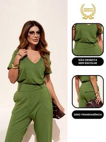 Women's Set: Pants With V-Neck Blouse - Modern - màu xanh lá - Xem 5