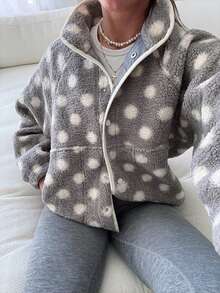 Womens Fall Winter Fleece Jacket Dot Pattern Long Sleeve Lapel Button Down Sherpa Coat - Gris - Ver 2