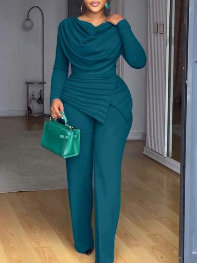 ChicMe Bộ jumpsuit cổ cao thanh lịch dành cho nữ, thiết kế bất đối xứng với các mảng vải dệt, eo thon và ống quần rộng, trang phục công sở thường ngày sang trọng.