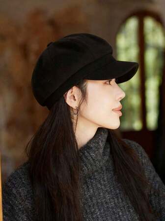 1pc Autumn/Winter Four-Pointed Star Beret Hat, Versatile Korean Style Small Face Flattering Eight-Sided Cap, Large Head Circumference Artist Hat