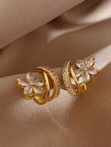 1 par de pendientes con forma de flor con circonita cúbica brillante, con un diseño único en C, todos a juego y elegantes, aros para orejas - regalo para San Valentín, mamá, madre, Día de la Madre - Amarillo Oro - Ver 3