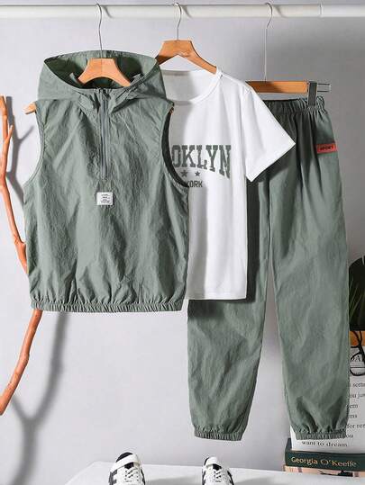 3pcs/Set Boys' Casual Sports Comfortable Versatile Set: Soft Hoodie Vest, Elastic Waist Pants And T-Shirt, Suitable For Autumn, Spring, Summer, Daily, Outdoor, School, Street, Party And Leisure