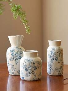 1pc/3pcs Handmade Vintage Style Ceramic Vase, Decorated With Blue Plum Blossom Pattern, French Countryside Style, Fresh And Elegant, Wavy Rim Design, Floral Vase Suitable For Fresh/Dried Flowers/Roses, Suitable For Kitchen, Room, Foyer, Living Room, Tabletop Decor, Birthday/Graduation Gift, Gift For Boyfriend/Girlfriend, Holiday Decoration, Ramadan Decor, Ramadan Gifts - Multicolor - View 9