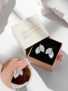 Gift Box Elegant Shiny Cubic Zirconia Leaf Shaped Stud Earrings, Women's Party, Evening, Daily Jewelry, Gift Packaging Suitable For Holidays - Silver - View 1